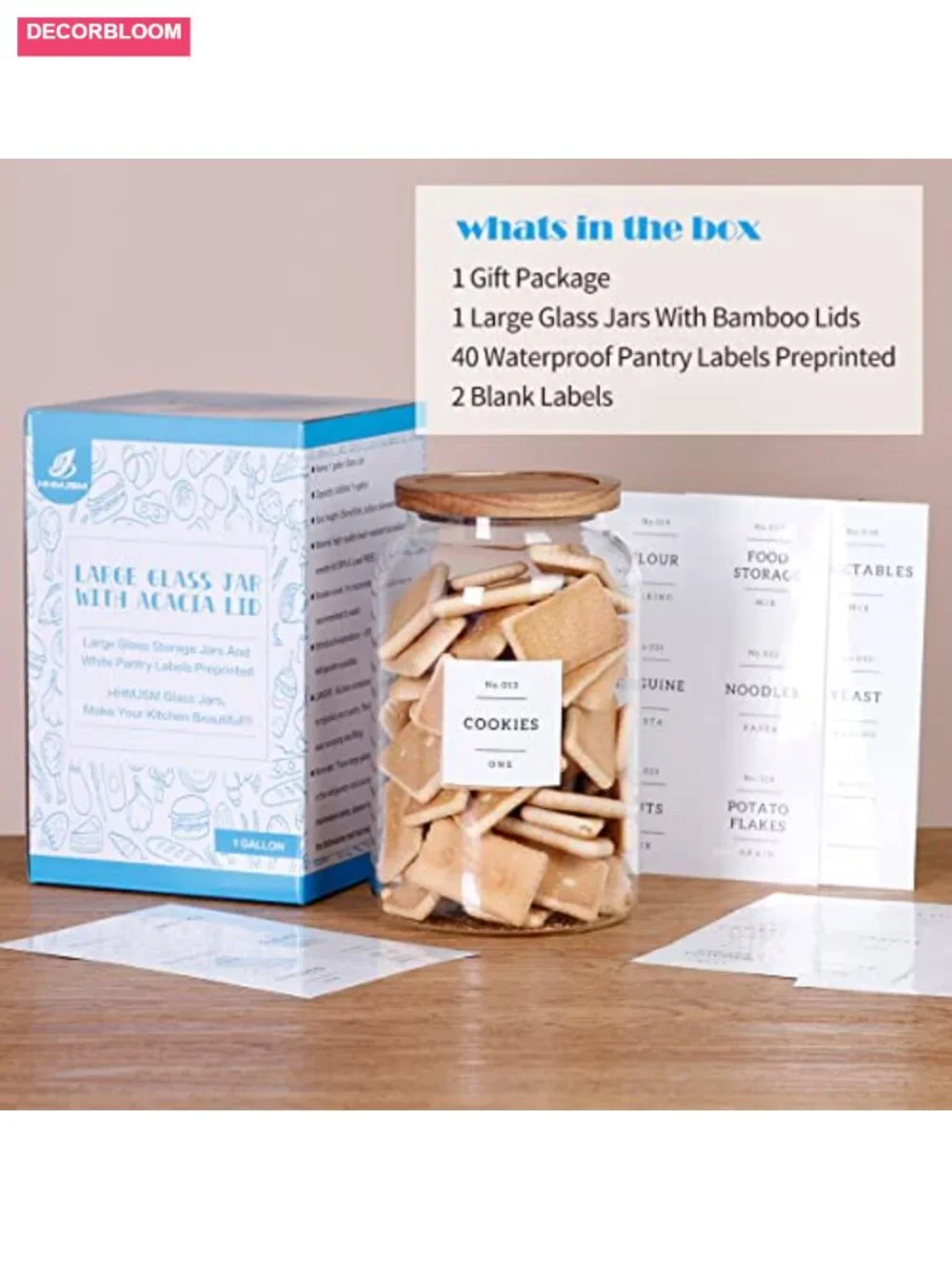 1 Gallon Glass Cookie Jar with Airtight Acacia Lid & 42 Labels
